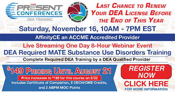 Register Here for 8 Hours of DEA Training on 11/16