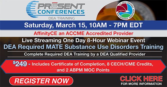 Register Here for the 8 Hour DEA MATE Training - Saturday, March 15